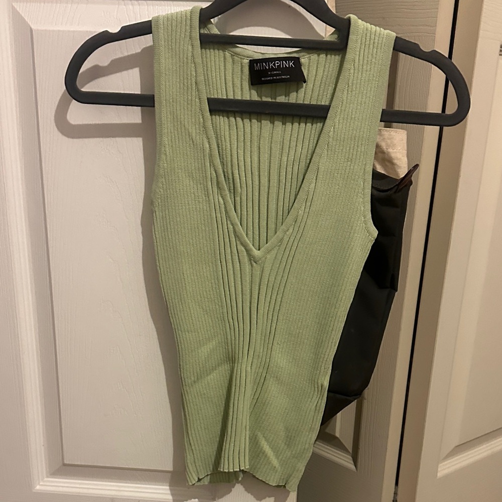 MINKPINK Light Green Ribbed V-Neck Tank